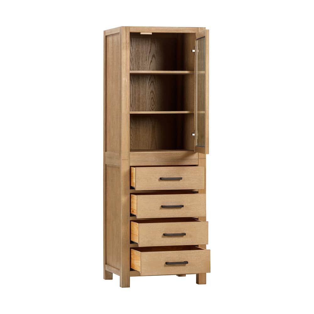 Brushed Oak 71" Lockable Linen Cabinet with Glass Door