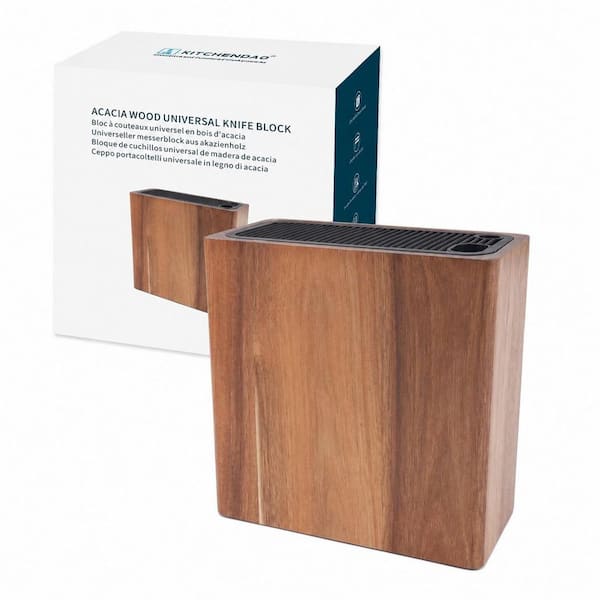 XL Acacia Wood Universal Knife Block with Slots for Scissors and Sharpening Rod, Space Saving Storage