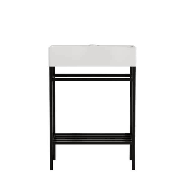 Baye 23.62 in. Bathroom Ceramic Single Console Sink in White with Black Metal Leg