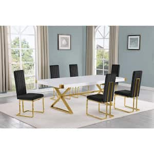 Miguel 7-Piece Rectangle White Wood Top Gold Stainless Steel Dining Set with 6 Black Velvet Chairs