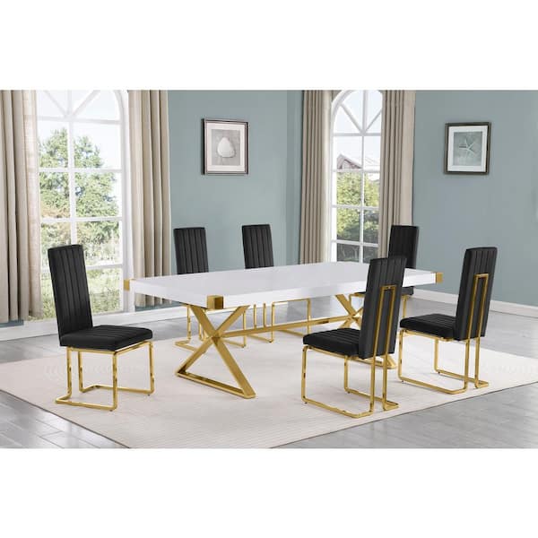 Best Quality Furniture Miguel 7-Piece Rectangle White Wood Top Gold Stainless Steel Dining Set with 6 Black Velvet Chairs