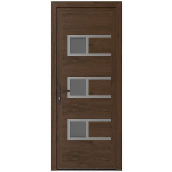 30 in. x 80 in. Right-hand/Inswing Frosted Glass Walnut Steel Prehung Front Door with Hardware