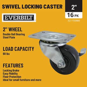2 in. Black Soft Rubber and Steel Swivel Plate Caster with Locking Brake and 90 lbs. Load Rating (16-Pack)
