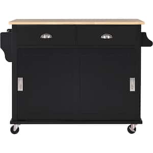Black Wood 52 in. Kitchen Island Cart with 2 Door Cabinet and 2-Drawers