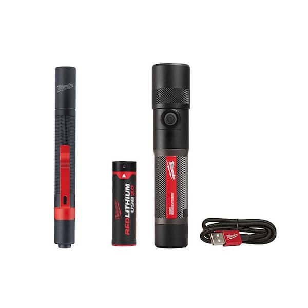 Milwaukee 1100 Lumens LED USB Rechargeable Twist Focus Flashlight and 100 Lumens Aluminum Pen Light with Clip (2-Pack)