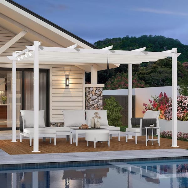 PURPLE LEAF 10 ft. x 13 ft. White Aluminum Outdoor Retractable White Frame Pergola with Sun Shade Canopy Cover