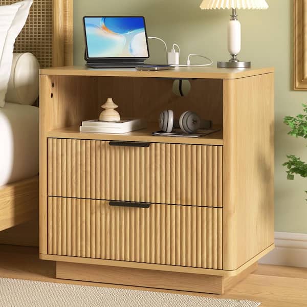 23.4 in. W 2-Drawer Wood Nightstand with Open Cubby, Fluted Nightstand with Built-In Outlets