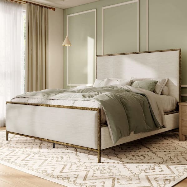 Parto Gold Modern Forged Metal Frame King Upholstered Fabric Panel Bed