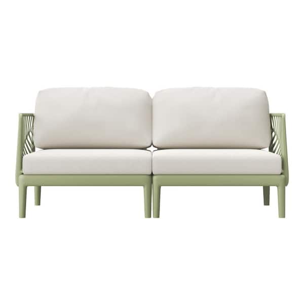 Frond and Form Green All Weather Poly Plastic Outdoor Patio Loveseat with Beige Cushions