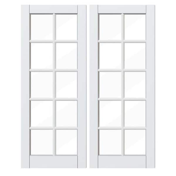 64 in. x 80 in. (Double 32 in. W Doors) 10 Lite, Clear Glass White Primed, No Bore, Finished MDF Wood Interior Door Slab