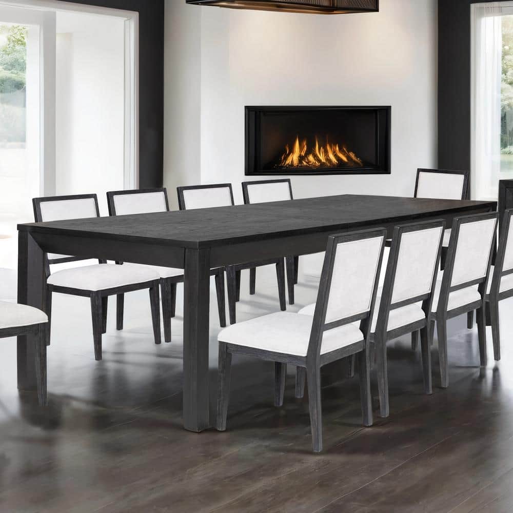 Flonnin Modern Weathered Black Wood 118 in. 4 Leg Extendable Dining Table Seats 10
