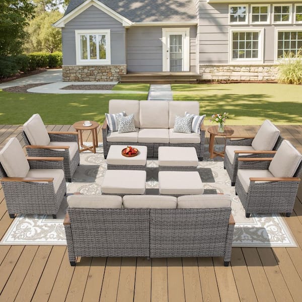 Caladin 12-Piece Wood and Wicker Patio Conversation Set, 10-Seat Outdoor Sofa Seating Set With Beige Cushions