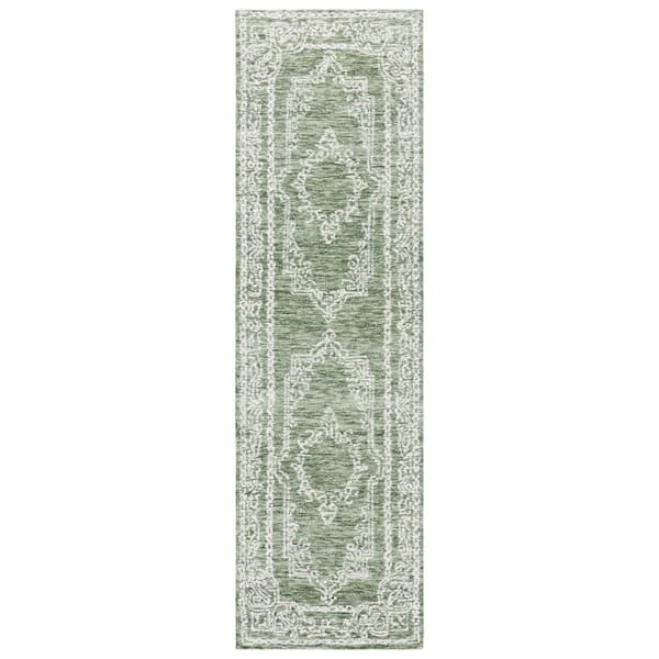 Metro 2 ft. x 5 ft. Green/Ivory Medallion Distressed Runner Rug
