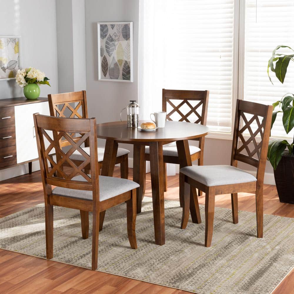 Adara 5-Piece Grey Fabric and Walnut Wood Circular Dining Set