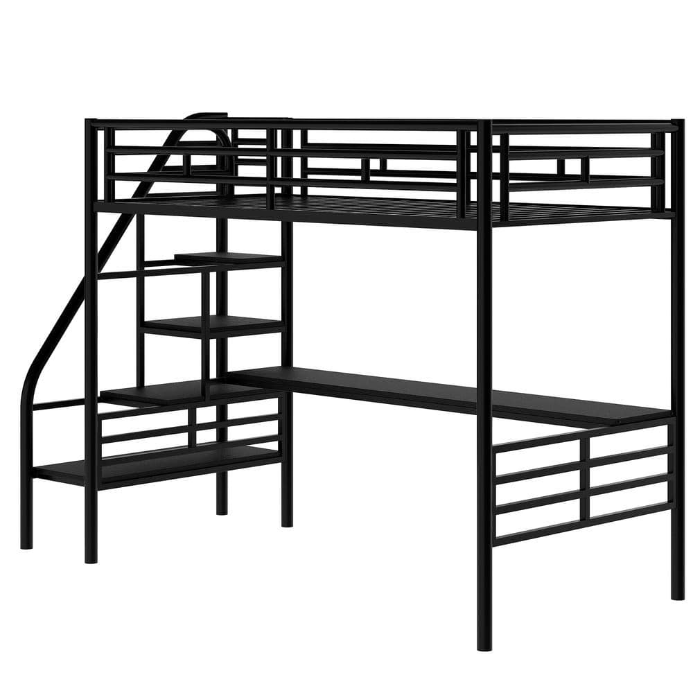 ANBAZAR Black Metal Twin Size Loft Bed with Desk and Storage Shelves ...