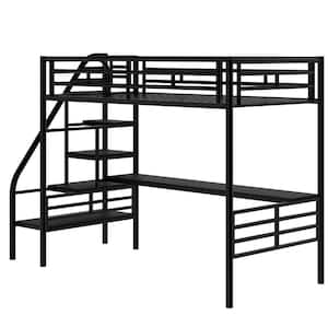 Black Metal Twin Size Loft Bed with Desk and Storage Shelves, Stairway Twin Kids Loft Bed With Metal Frame