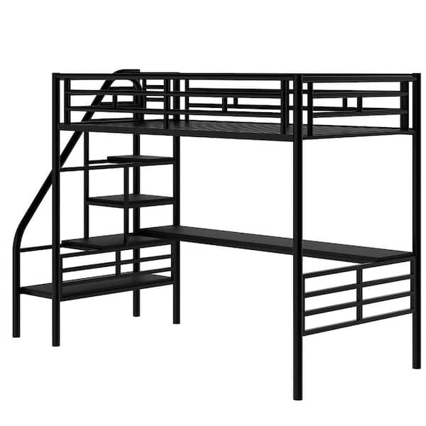 ANBAZAR Black Metal Twin Size Loft Bed with Desk and Storage Shelves, Stairway Twin Kids Loft Bed With Metal Frame