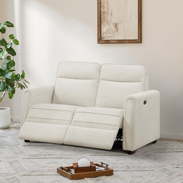 Orin 57.5 in. Zero Wall Round Arm Fabric Rectangle Recliner Sofa in Linen w/ High Back and USB and Type-C Charging Ports