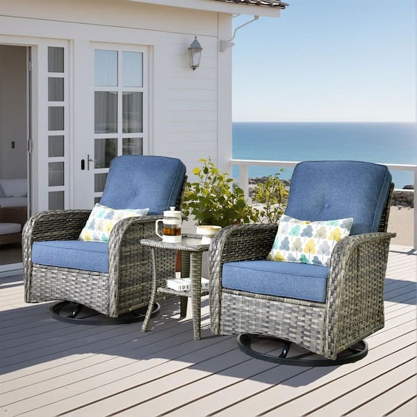 Caodoc Noah Gray 3-Piece Wicker Outdoor Patio Conversation Furniture Set with Swivel Chairs, Side Table, Denim Blue Cushions