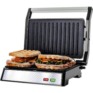 Nickel Brushed Electric Panini Press Grill, 2-Slice, Drip Tray Included