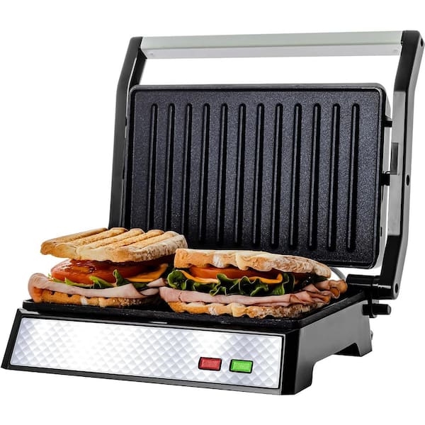 OVENTE Nickel Brushed Electric Panini Press Grill, 2-Slice, Drip Tray Included