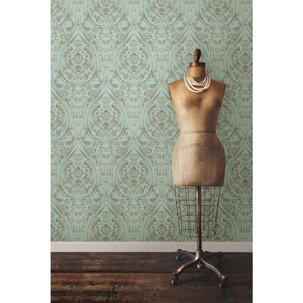 Turquoise Blue Damask Peel & Stick Wallpaper, 20.5" x 18'