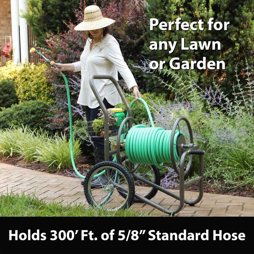 Liberty Garden Brown Steel 300-Foot Hose Reel Cart with Basket