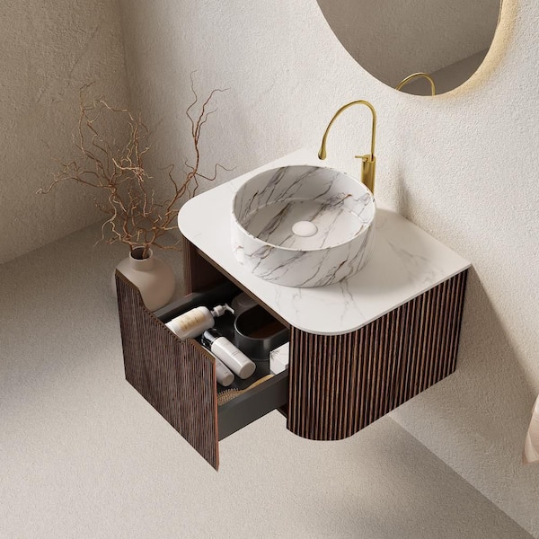 Baye 24 in. W Floating Dark Walnut Bath Vanity with White Textures Ceramic Sink and Engineered Marble Top Unassembled