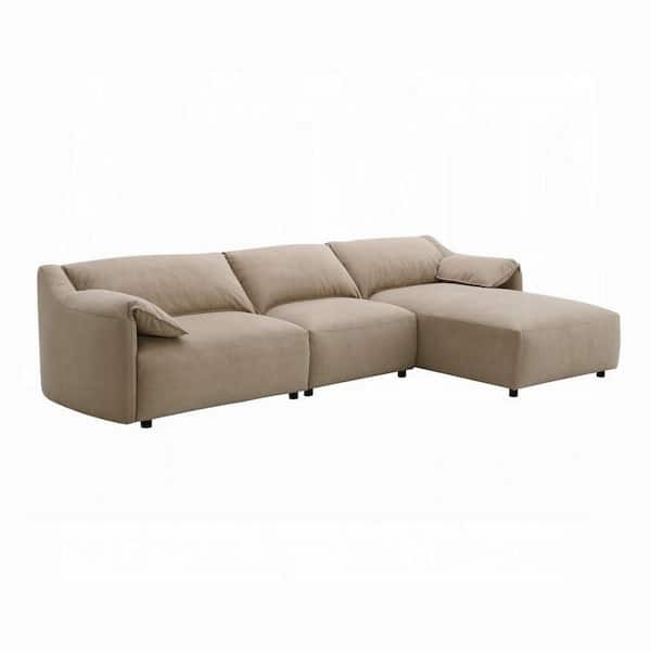 70 in. Pillow topped Arms Leather L-Shaped Sectional Sofa in Light Brown and Black