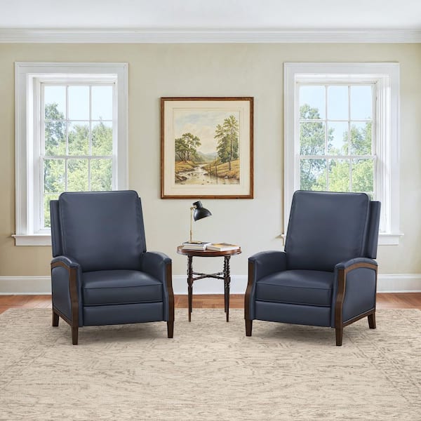 Aola Navy Genuine Leather Recliner Chair Arm Chair with Solid Wood Legs and Adjustable Footrest (Set of 2)