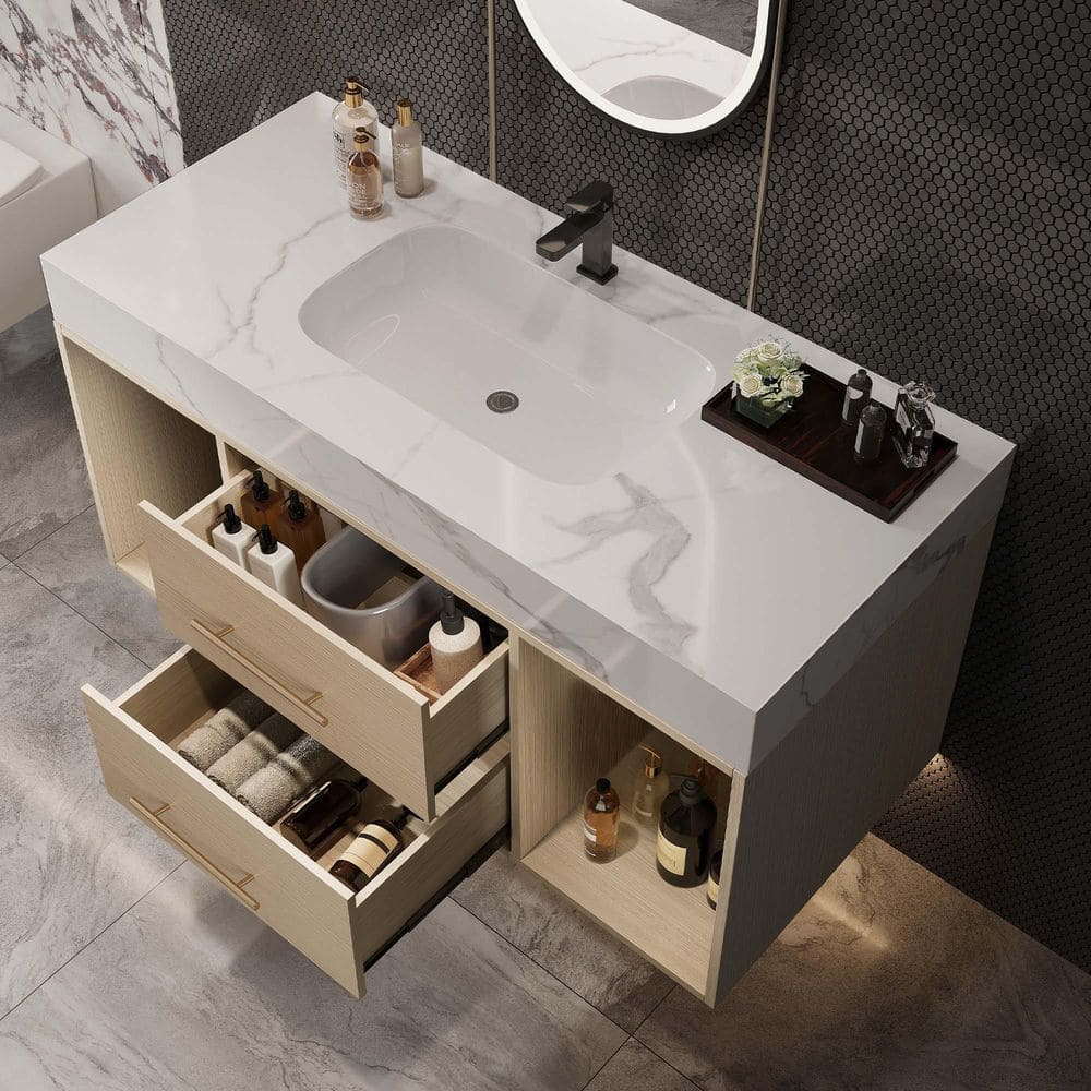 39.4 in. Wall Mounted Single Sink Light Oak Bath Vanity with White Sintered Stone Top Requires Assembly price history on PriceWatchPro