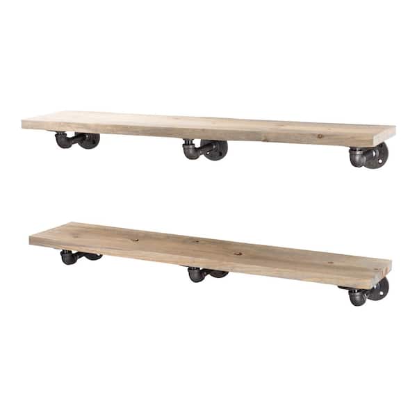 PIPE DECOR 36 in. x 7.5 in. x 6.75 in. Driftwood Tan Restore Wood Decorative Wall Shelf with Industrial Steel Pipe L- Brackets