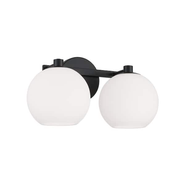 HOMEPLACE LIGHTING 14.75 in. W x 8 in. H 2-Light Circular Globe Vanity Light in Matte Black with Soft White Glass