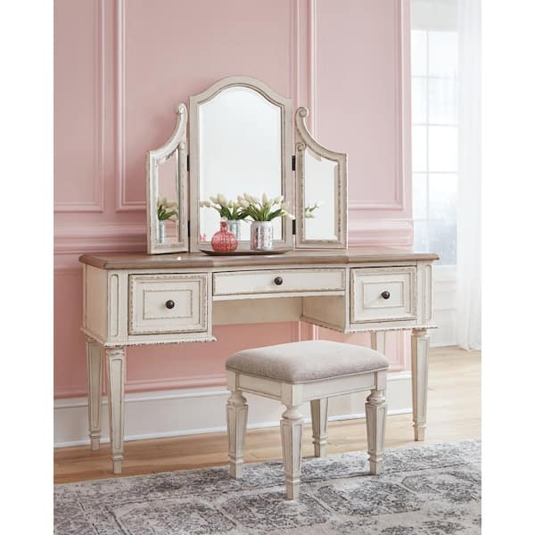Signature DESIGN BY ASHLEY Realyn 3-Piece Antiqued White/Brown Makeup Vanity Set with Upholstered Stool