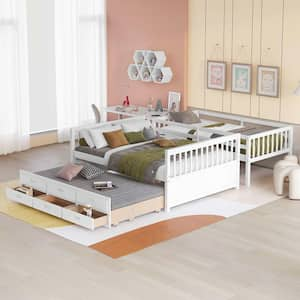 White Twin-over-Full Bunk Bed with Twin size Trundle, Separable Bunk Bed with Drawers for Bedroom