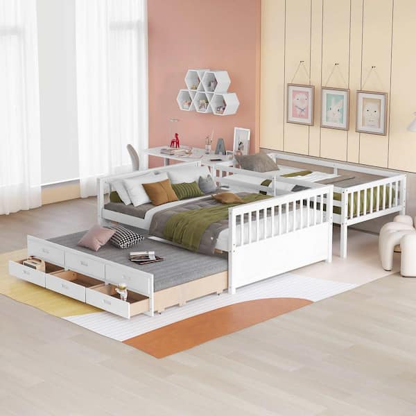 Polibi White Twin-over-Full Bunk Bed with Twin size Trundle, Separable Bunk Bed with Drawers for Bedroom