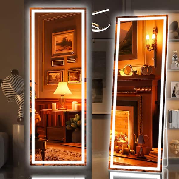 Hasipu 18 in. W x 58 in. H Square White LED Lighted Floor Standing Mirror, Full Body Dressing Mounted Mirror, Tempered Glass