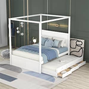 White Wood Frame Queen Size Canopy Bed with Twin Size Trundle and 3 Drawers