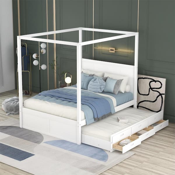 Harper & Bright Designs White Wood Frame Queen Size Canopy Bed with Twin Size Trundle and 3 Drawers