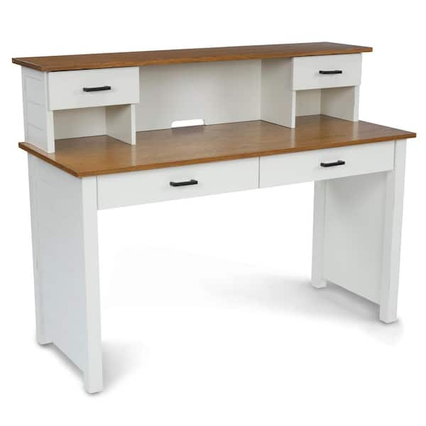 HOMESTYLES Portsmouth 54 in. W Rectangular Wood 4-Drawer White and Oak Writing Desk and Hutch
