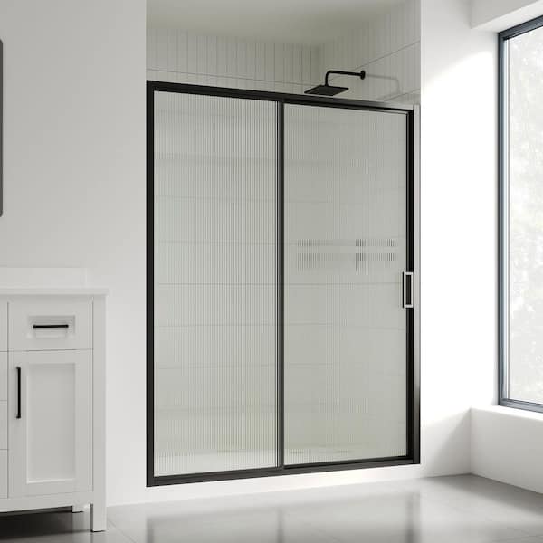 Stanford 58 3/16 in. - 60 in. W x 74 in. H Alcove Sliding Framed Shower Door with Fluted Glass in Black Finish
