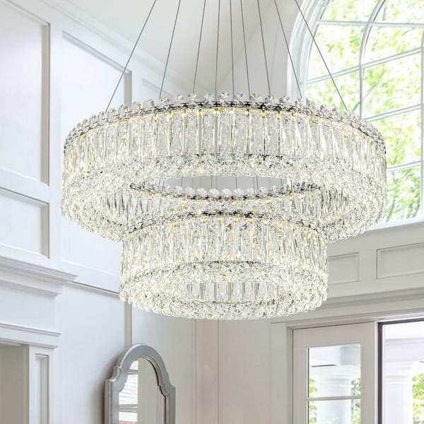 LamQee 23.6 in. 2-Light Integrated LED Tiered Chrome Chandelier with Crystal Accents