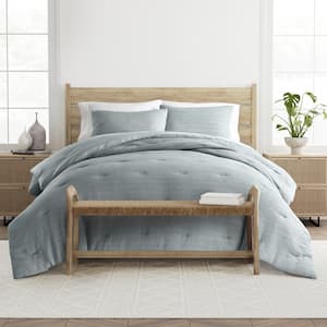 Waffle Textured 3-Piece All Season Polyester Down-Alternative Queen Comforter Set in Light Blue