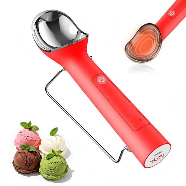 Heated Ice Cream Scoop with ON/OFF Switch, Rechargeable Electric Icecream Scooper with Holder, Red
