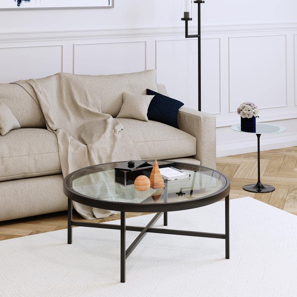 Elegant 36" Round Coffee Table with Blackened Bronze Glass Top
