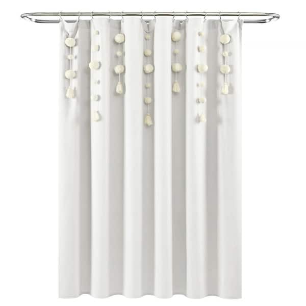 72 in. x 72 in. Boho Pom Pom Tassel Linen Shower Curtain Off White Single