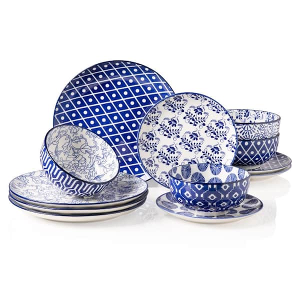 12-Piece Handmade Ceramic Dinnerware Set for 4 Vintage Blue Floral Scratch-Resistant Dishwasher Safe Use