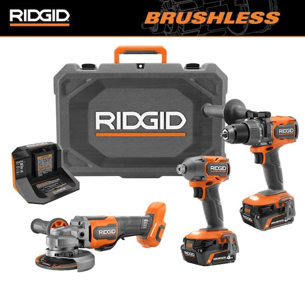 RIDGID 18V Brushless 2-Tool Combo Kit with 6.0 Ah & 4.0 Ah MAX Output Batteries, Charger, Hard Case, & 4-1/2 in. Angle Grinder