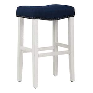 Jameson 29 in Bar Height Antique White Wood Backless Nailhead Trim Barstool with Upholstered Navy Blue Linen Saddle Seat