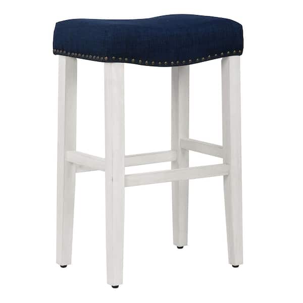 WESTINFURNITURE Jameson 29 in Bar Height Antique White Wood Backless Nailhead Trim Barstool with Upholstered Navy Blue Linen Saddle Seat